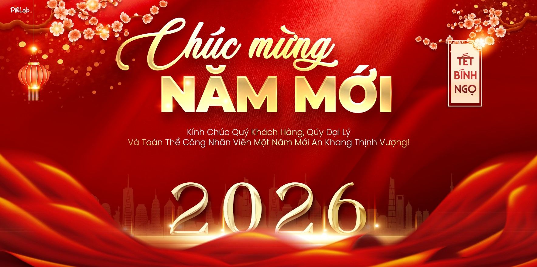 Luxury red and gold New Year 2026 banner with traditional lanterns and cherry blossoms. Banner Tết 2026, băng rôn chúc mừng năm mới, Tết Bính Ngọ sang trọng